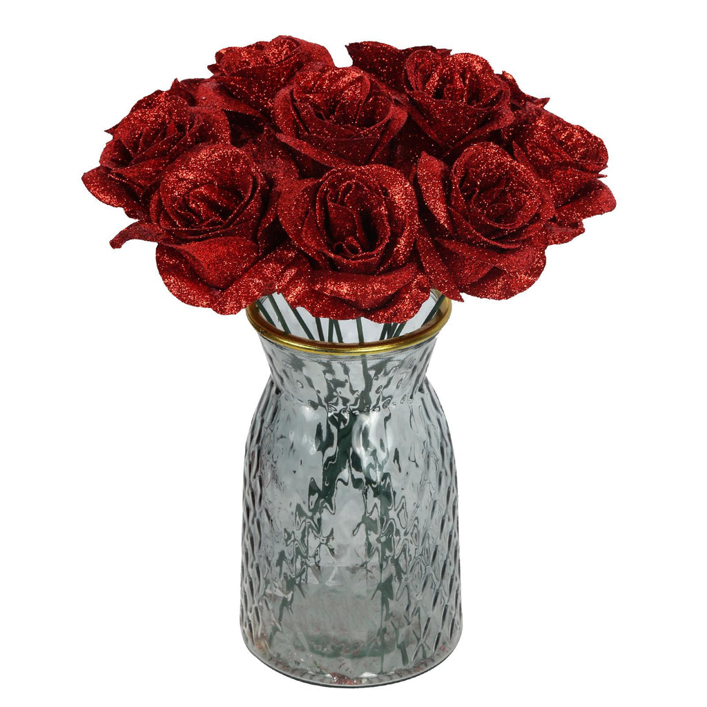 Red glitter rose bouquet 30pcs with stems for wedding Valentine's Day party home decor