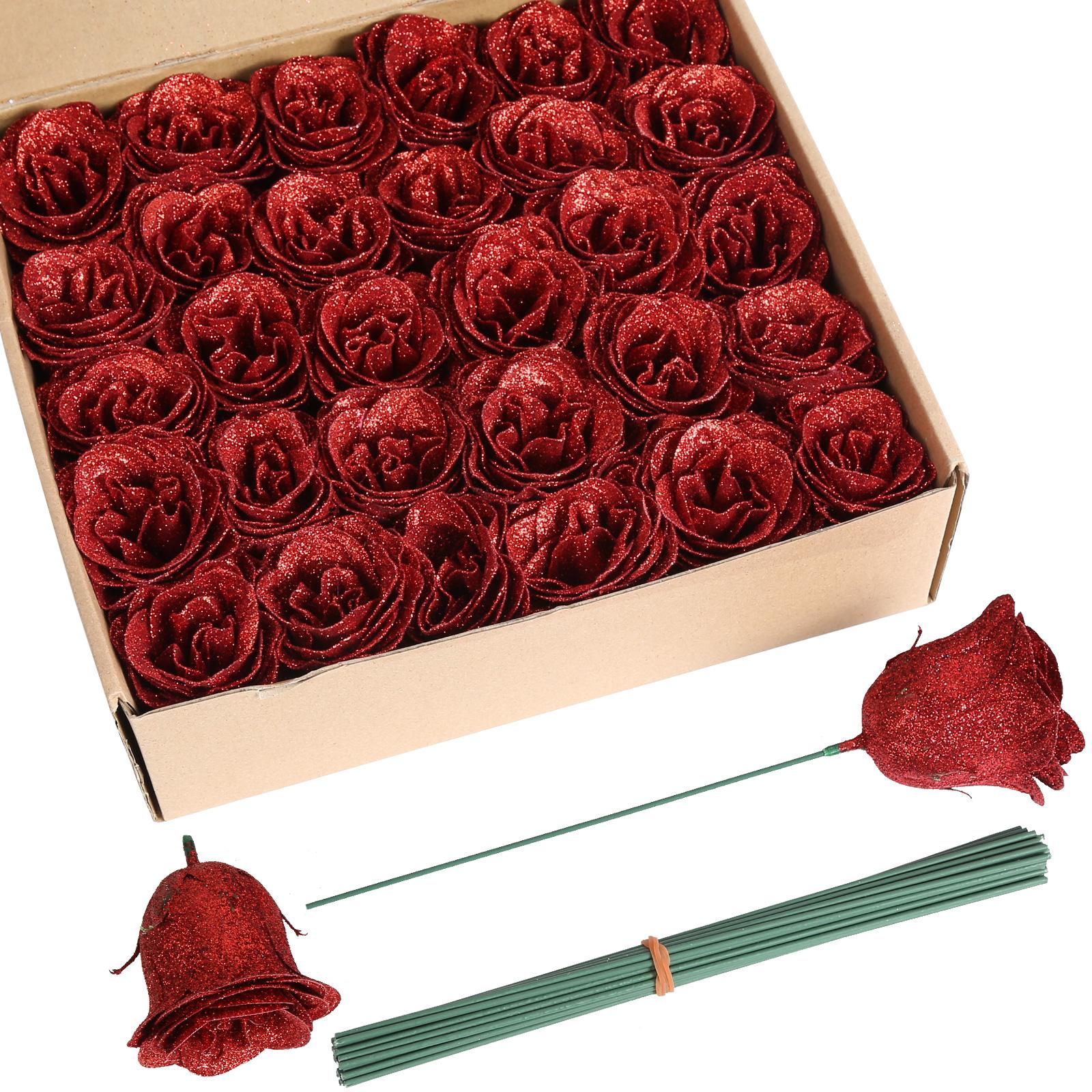 Red glitter roses bouquet 30pcs with stems for wedding party Christmas home decor
