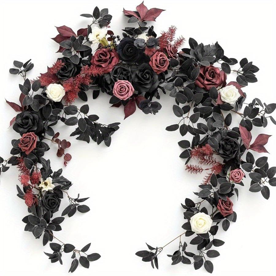 Red Halloween artificial rose eucalyptus willow leaf garland rustic floral table runner decor