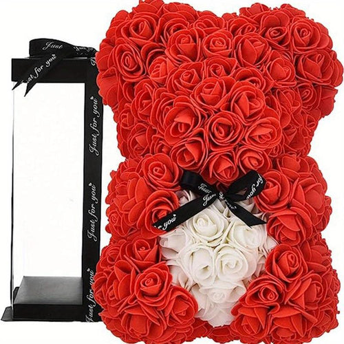 Red rose teddy bear with black ribbon in colorblock gift box

