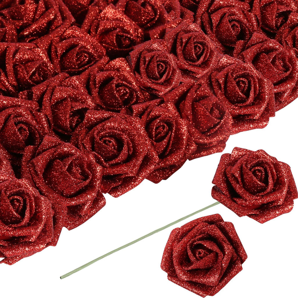 Red glitter foam roses 30pcs 3.15in artificial flowers for wedding Valentine's Day decor