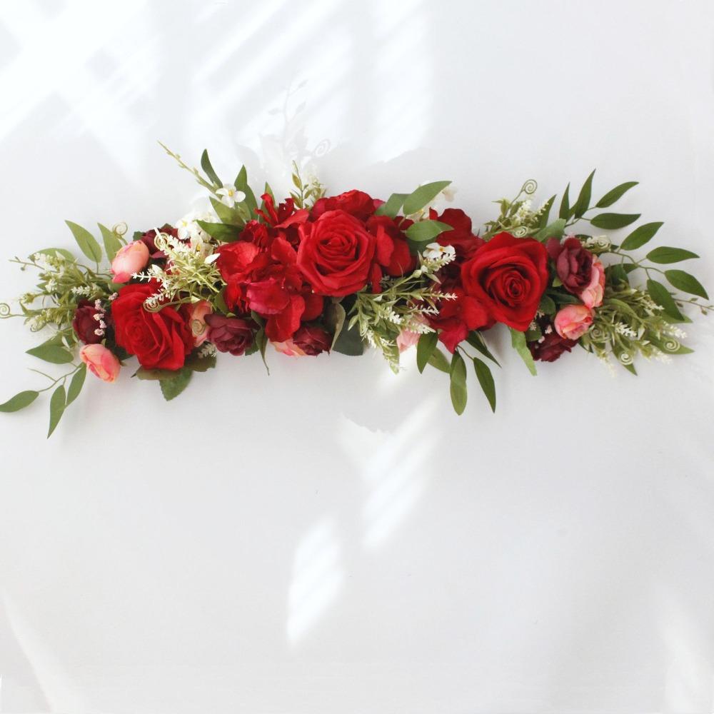 Red artificial wedding arch flowers with greenery for DIY ceremony backdrop