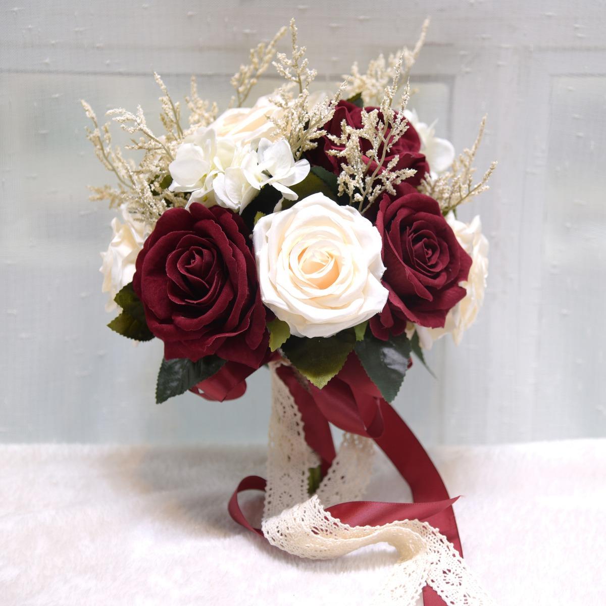 Red artificial rose bridal bouquet boho rustic style for wedding ceremony and toss bouquet
