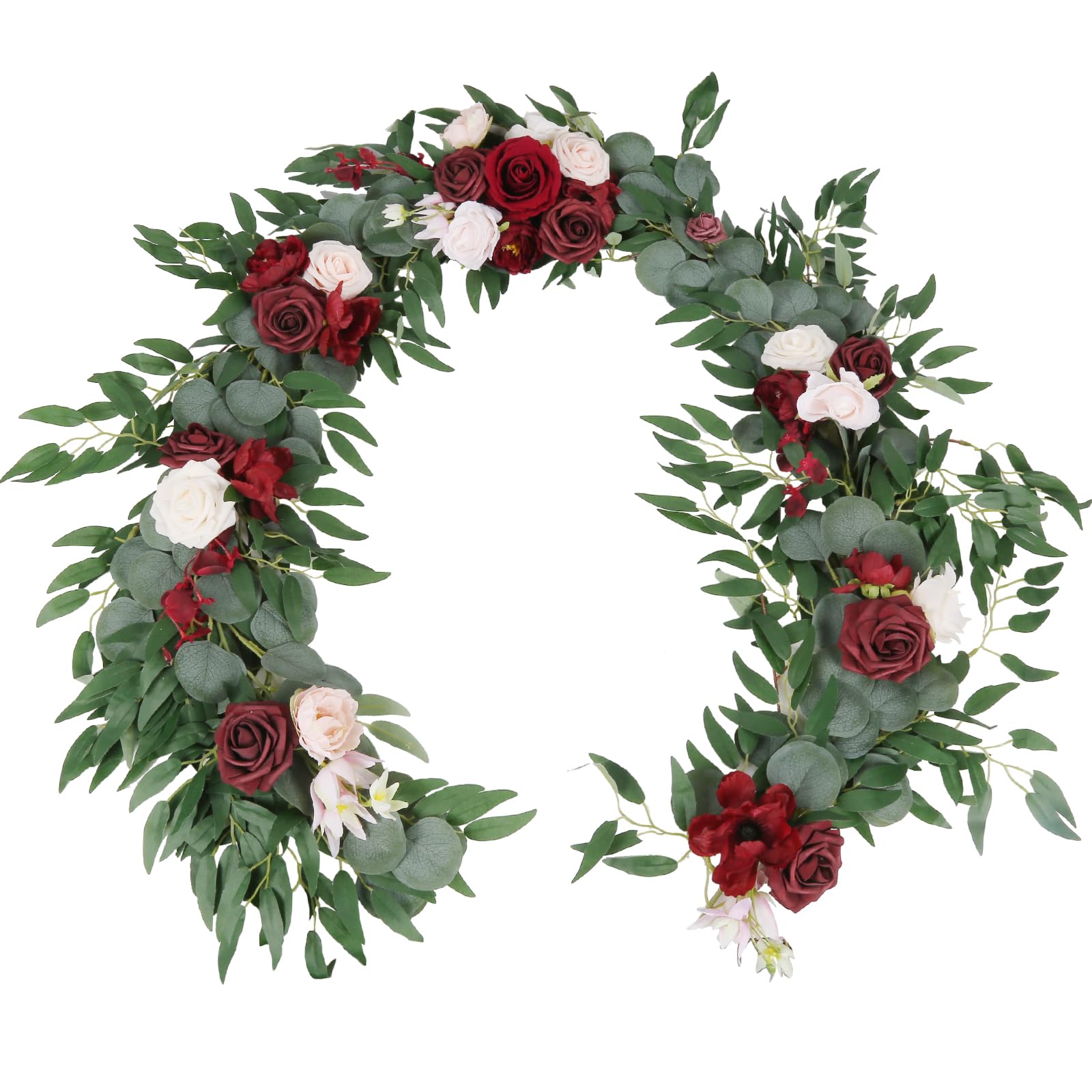 Red eucalyptus willow leaf garland 6ft white flower wedding table backdrop decor