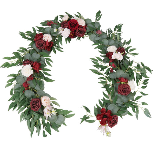 Red eucalyptus willow leaf garland 6ft white flower wedding table backdrop decor