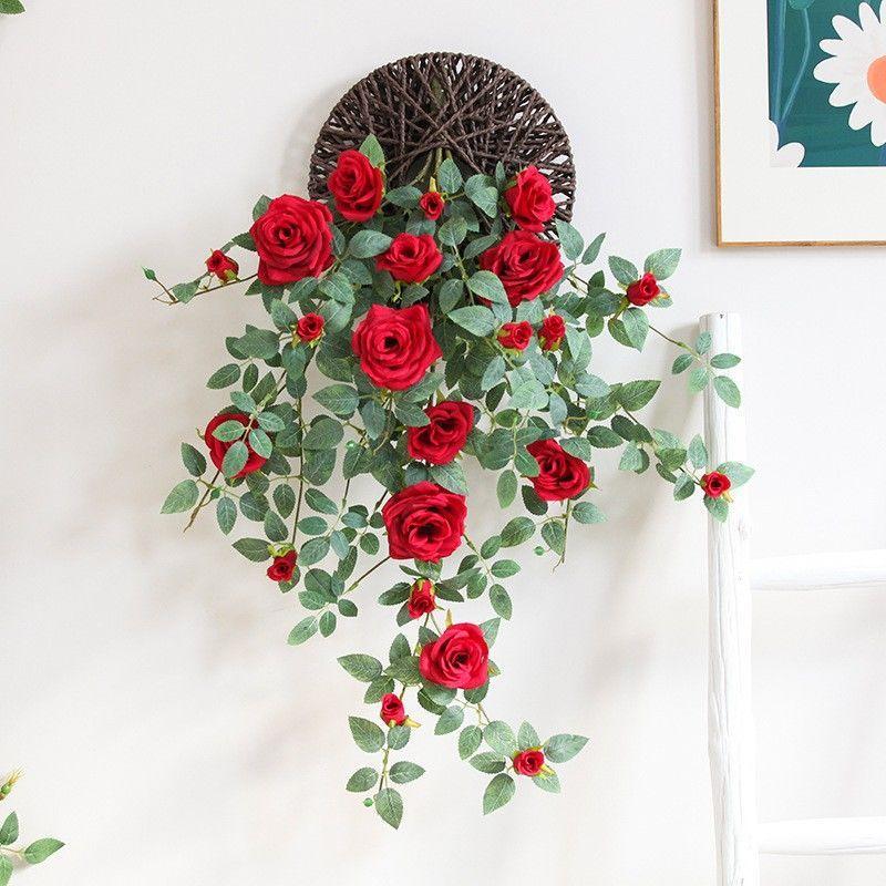 Red artificial flower rattan wall hanging for living room bedroom boho home decor