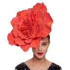 Red large flower fascinator hat with headband for tea party and cocktail events
