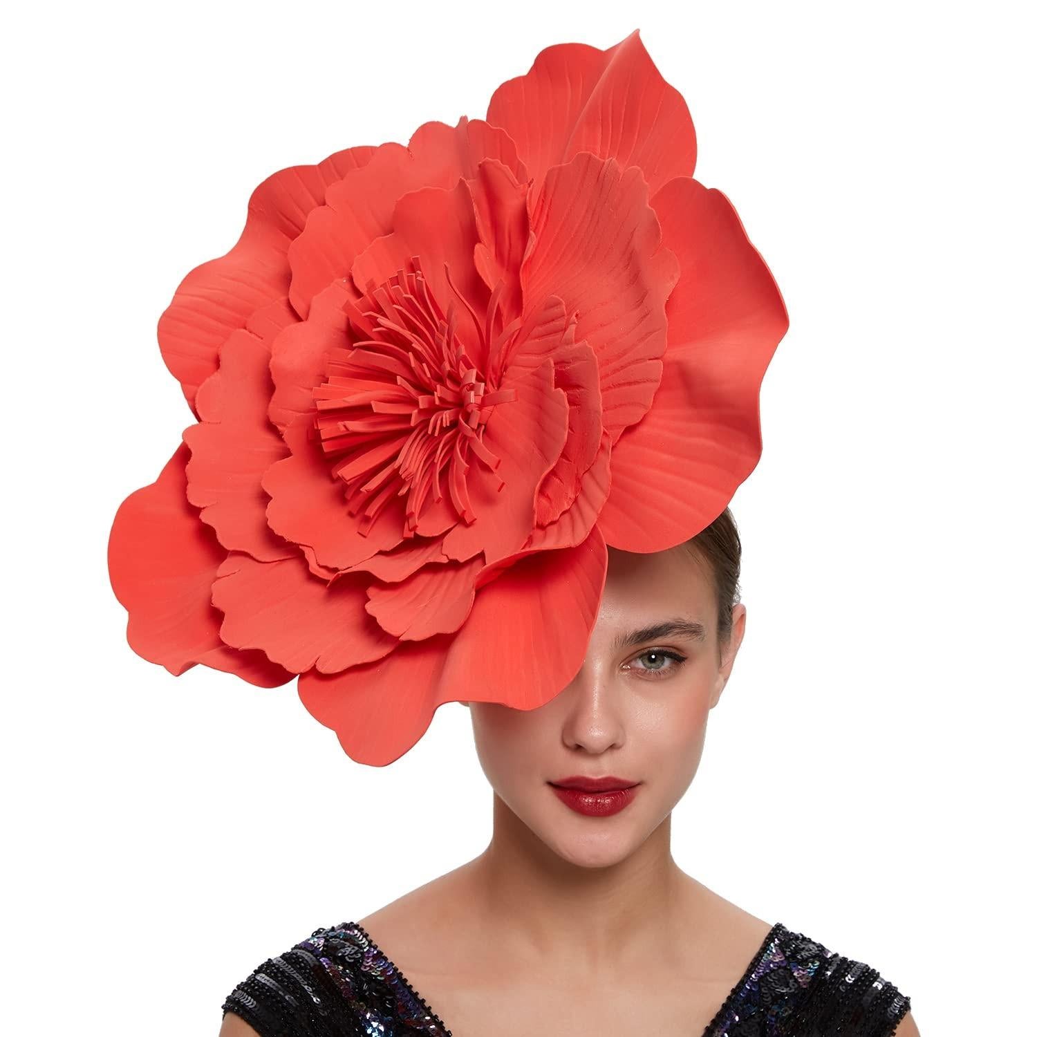 Red large flower fascinator hat with headband for tea party and cocktail events
