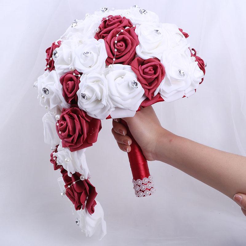 Red PE foam pearl rhinestone bridal bouquet for wedding bridesmaid church ceremony DIY
