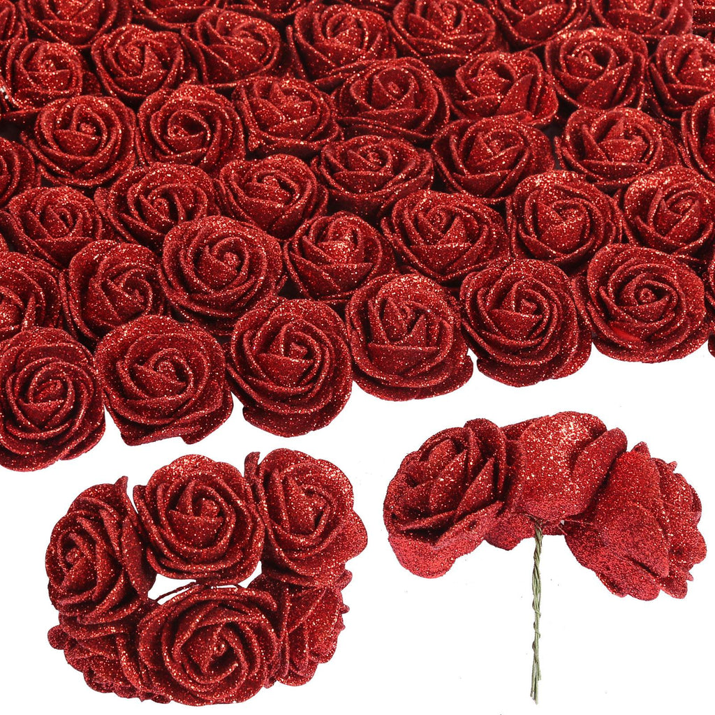 Red glitter artificial roses 60pcs with stems for wedding bouquet cake party home decor