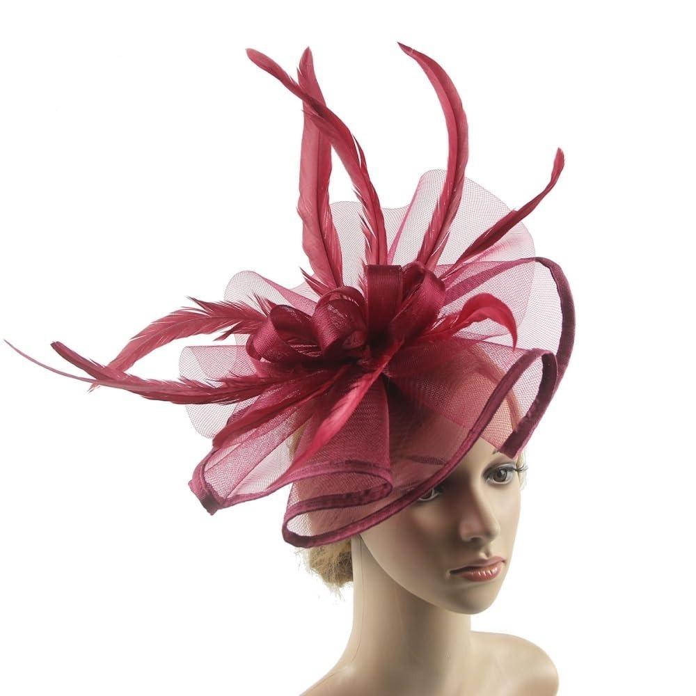 Red flower headband with veil and feather hair clip for tea party and events
