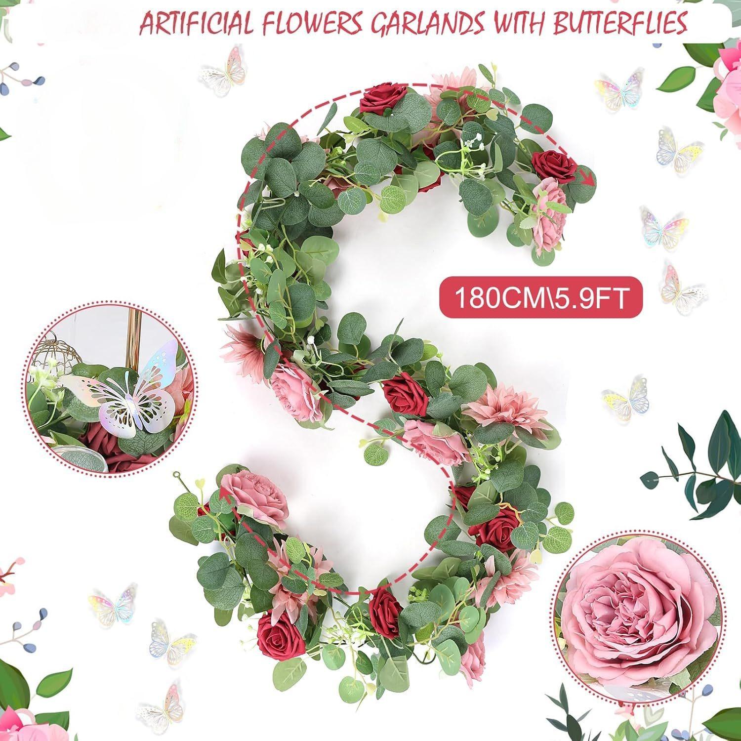 Red artificial rose and eucalyptus garland for wedding backdrop centerpiece and home decoration
