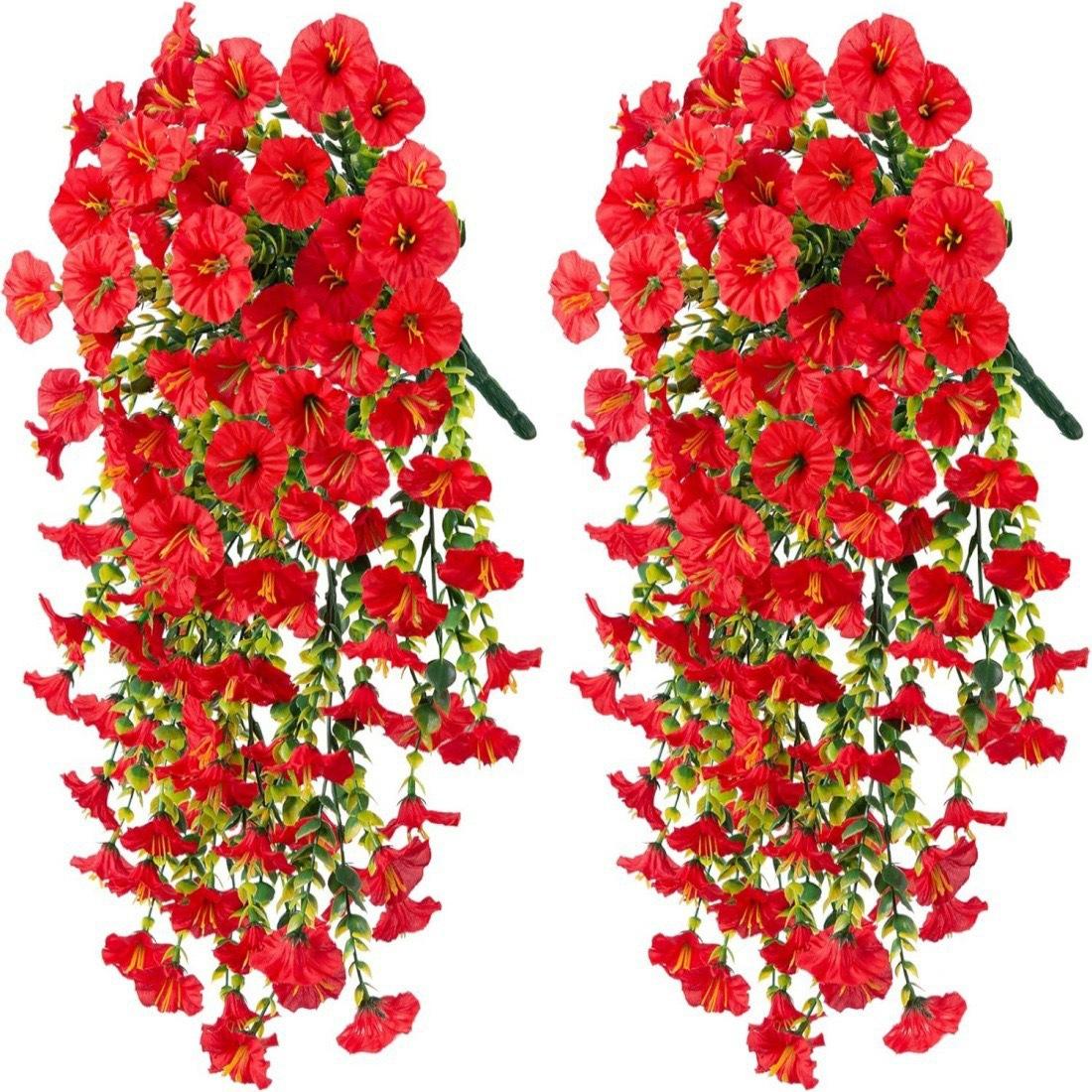 Red faux eucalyptus and morning glory wall hanging set of 4 for home porch and wedding decor
