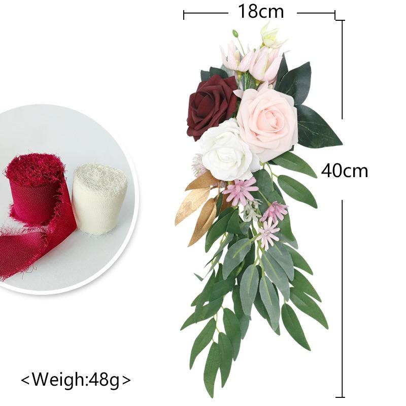 Red artificial flower chair decoration with chiffon ribbon for wedding ceremony party