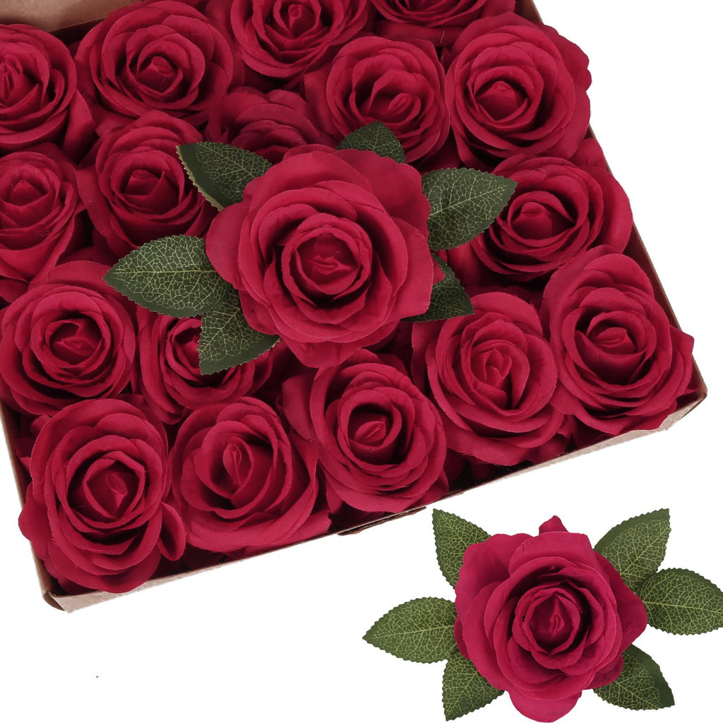 Red artificial rose leaves 20pcs with stems for DIY wedding bouquet wreath garland party decor