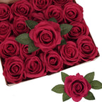 Red artificial rose leaves 20pcs with stems for DIY wedding bouquet wreath garland party decor