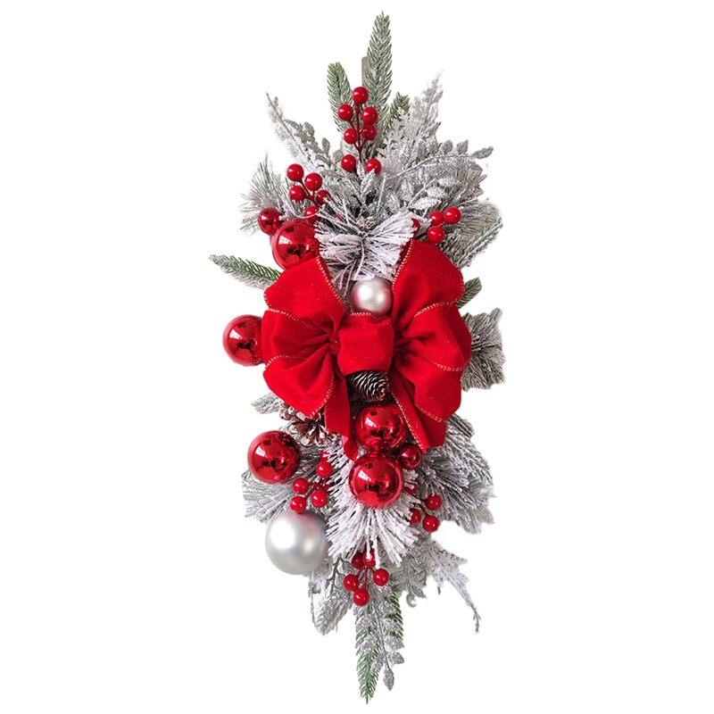 Red artificial Christmas pine swag with bow berries glitter leaves front door holiday decor