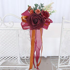 Red Flower Pew Decorations 2pcs With Eucalyptus And Ribbons for modern wedding decor by IPOPU