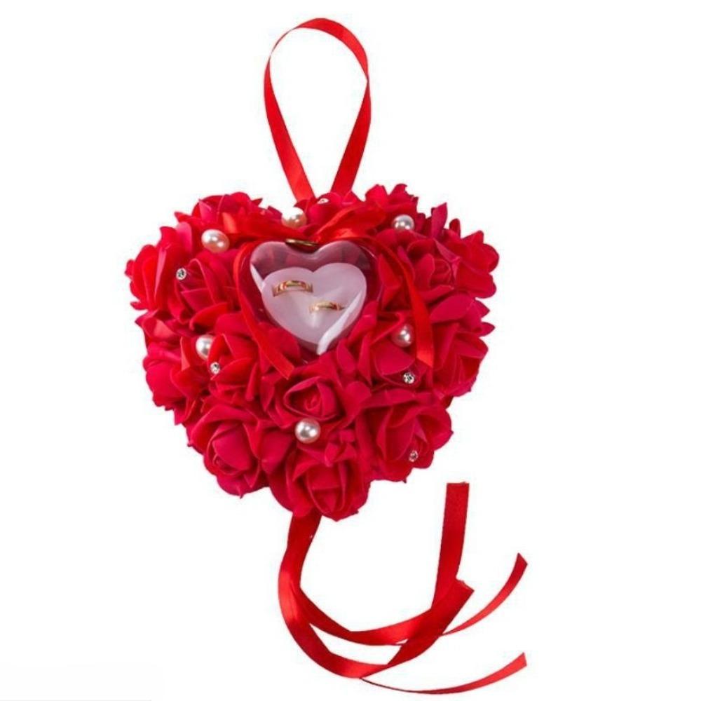Red wedding ring pillow lace crystal rose love heart ring box ceremony gift