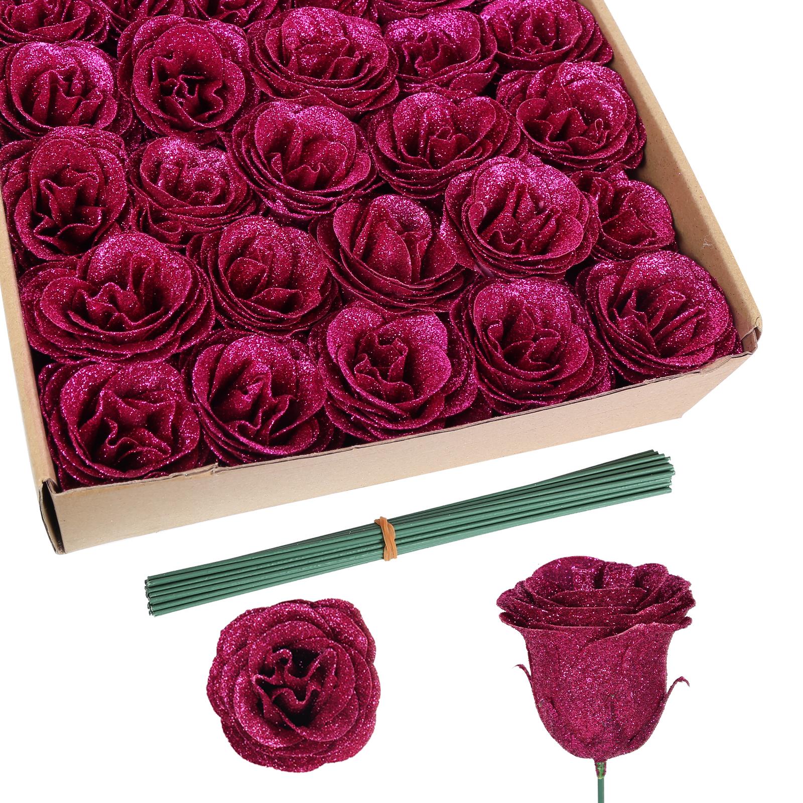 Rose red glitter roses bouquet 30pcs with stems for wedding party Christmas home decor