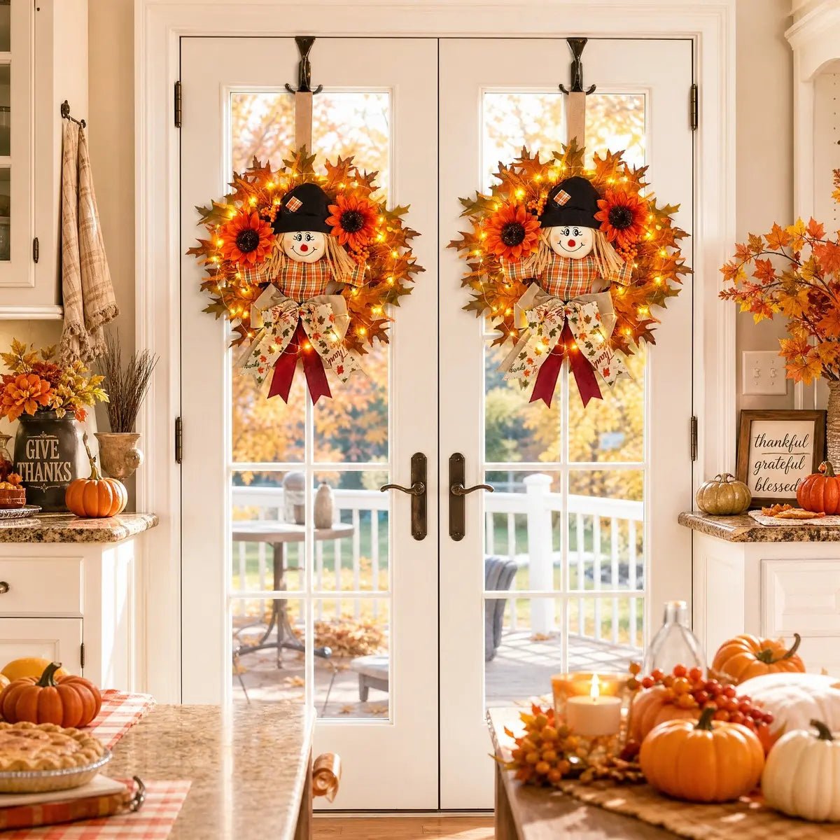 Fall scarecrow wreath with sunflowers LED lights and plaid bow on indoor white door – IPOPU
