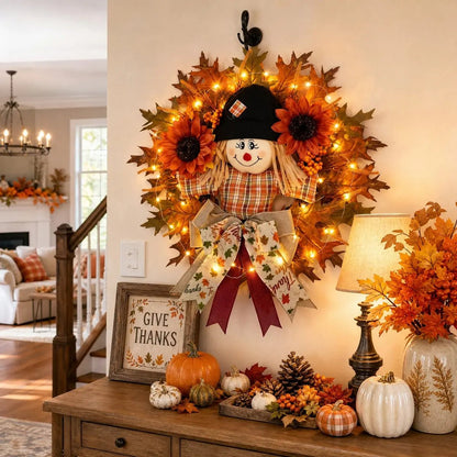 Thanksgiving scarecrow wreath with sunflowers and orange maple leaves on front door with pumpkins – IPOPU
