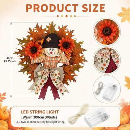 Scarecrow sunflower Thanksgiving wreath product size chart LED light details dimensions reference – IPOPU
