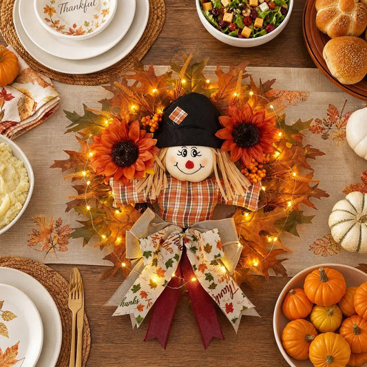 Scarecrow sunflower Thanksgiving wreath with LED lights on dining table centerpiece harvest decor – IPOPU
