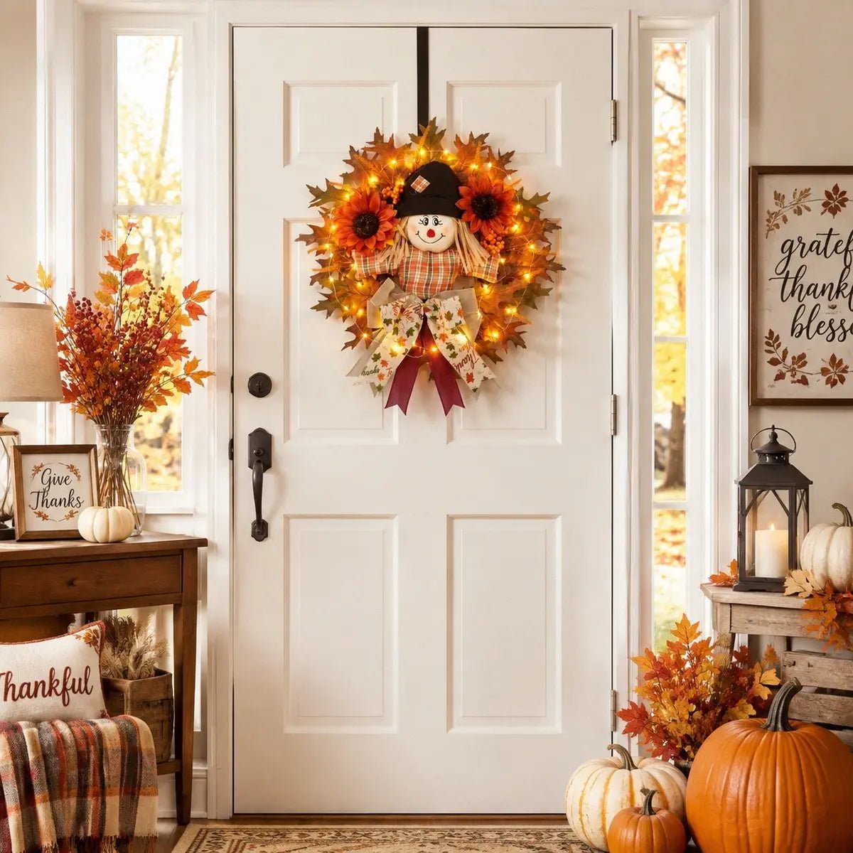 Scarecrow sunflower Thanksgiving wreath displayed on white double front door seasonal decor – IPOPU
