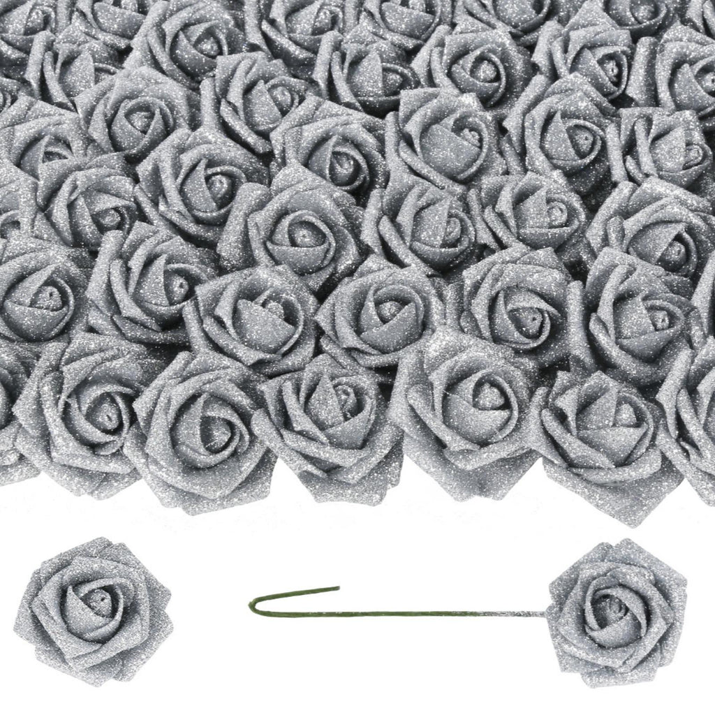 Silver glitter roses bouquet 50pcs with stems for DIY wedding Valentine's Day party home decor