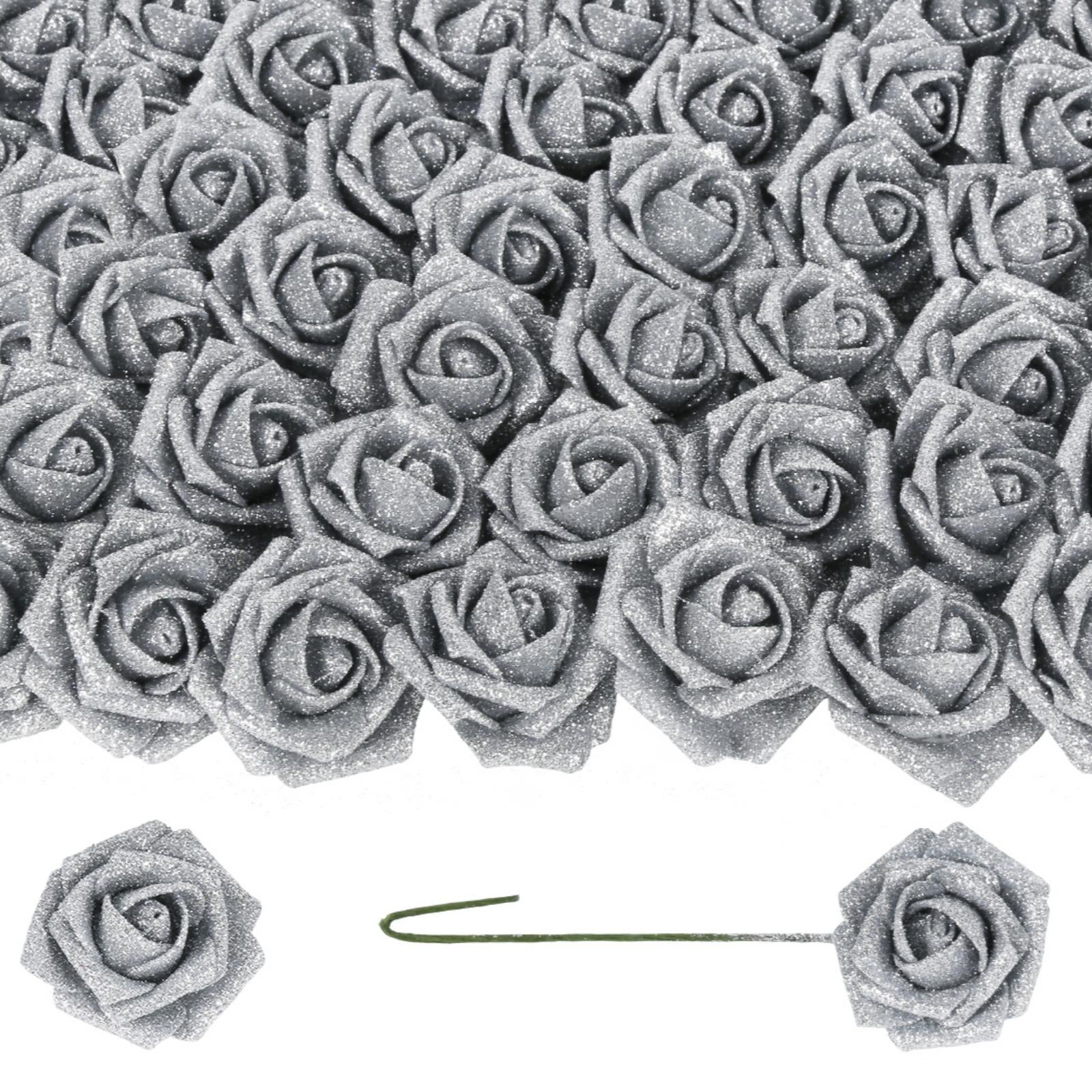Silver glitter roses bouquet 50pcs with stems for DIY wedding Valentine's Day party home decor