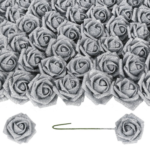 Silver glitter roses bouquet 50pcs with stems for DIY wedding Valentine's Day party home decor