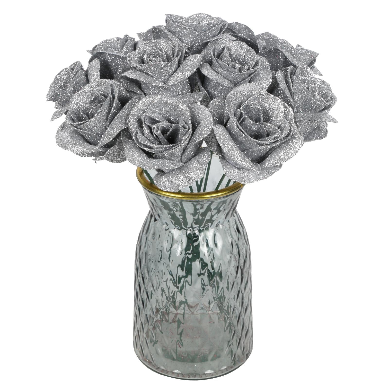 Silver glitter rose bouquet 30pcs with stems for wedding Valentine's Day party home decor
