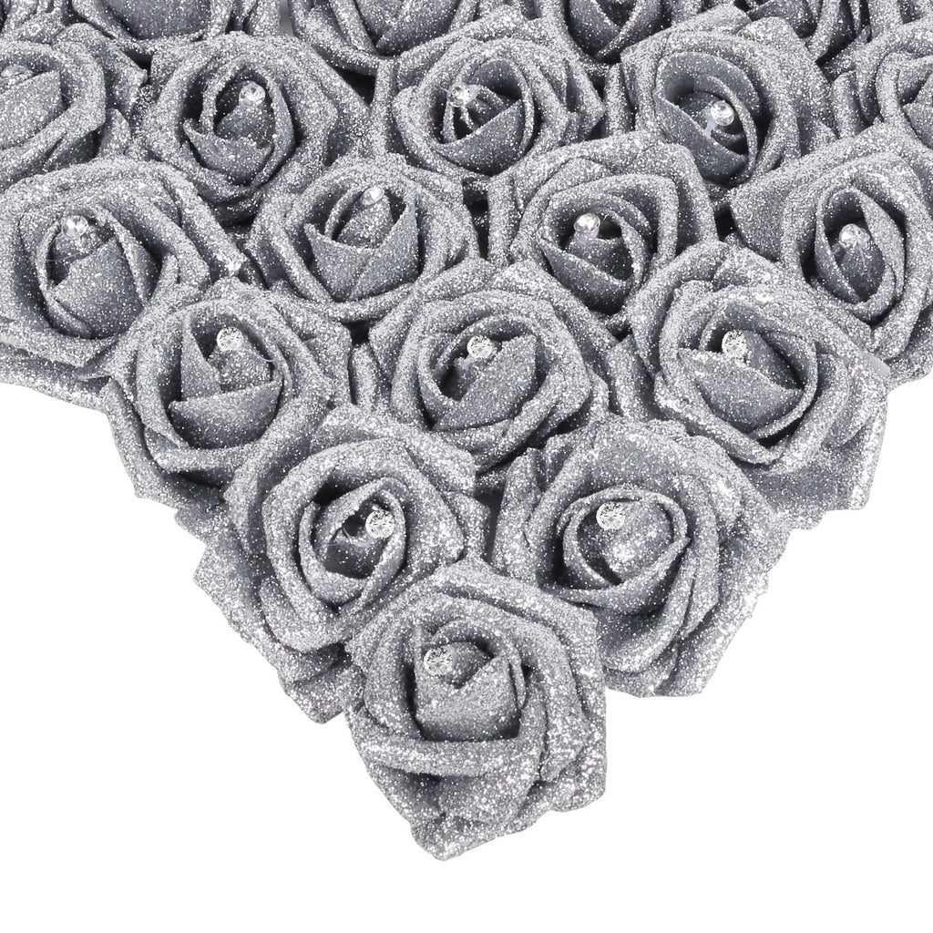 Silver glitter foam roses 25pcs with stems for wedding bridal bouquet Valentine's Day party decor