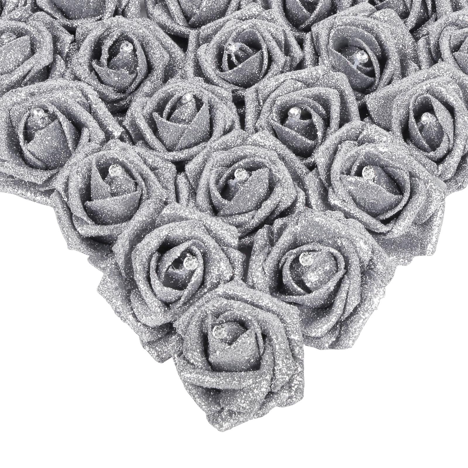 Silver glitter foam roses 25pcs with stems for wedding bridal bouquet Valentine's Day party decor