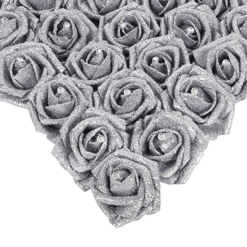 Silver glitter foam roses 25pcs with stems for wedding bridal bouquet Valentine's Day party decor
