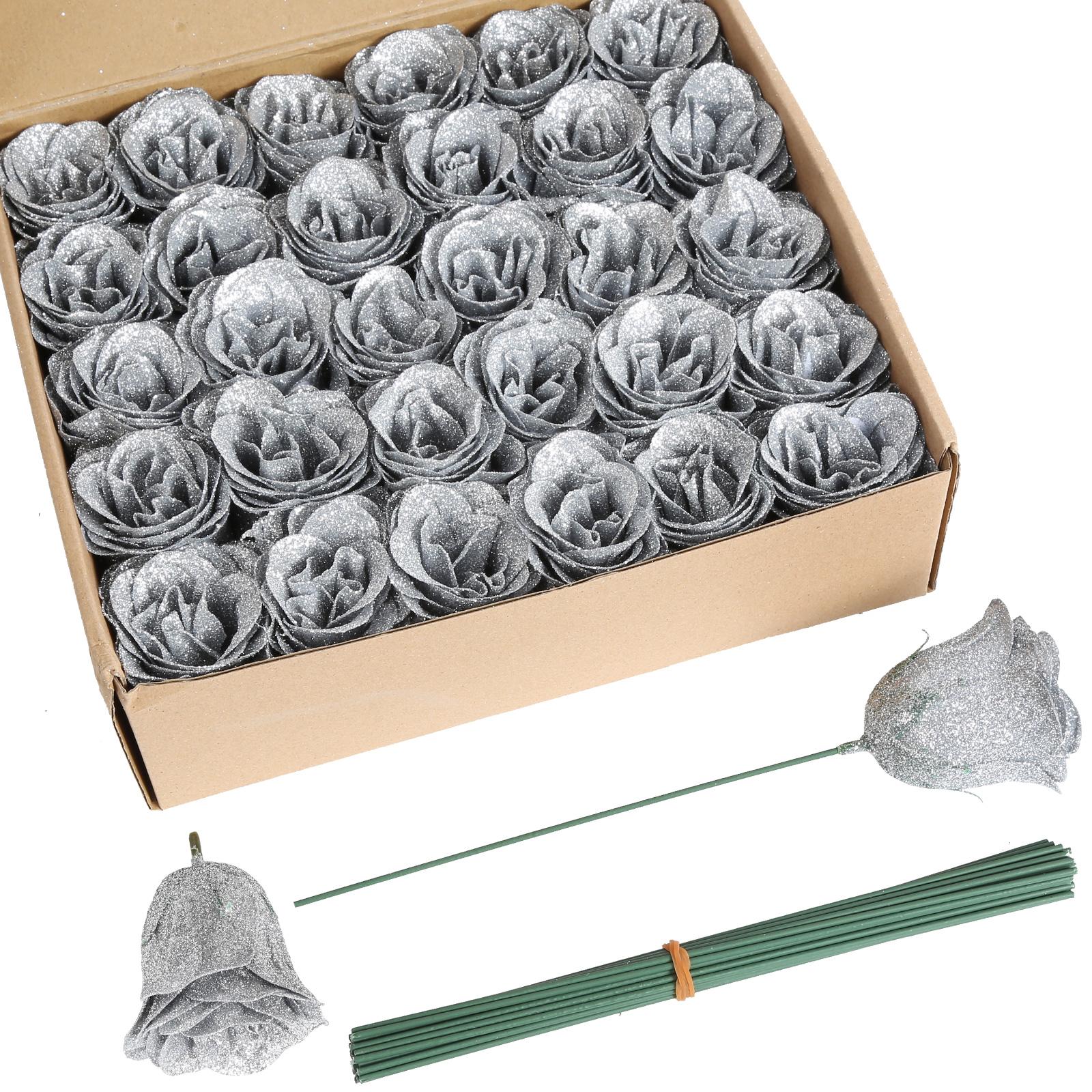 Silver glitter roses bouquet 30pcs with stems for wedding party Christmas home decor