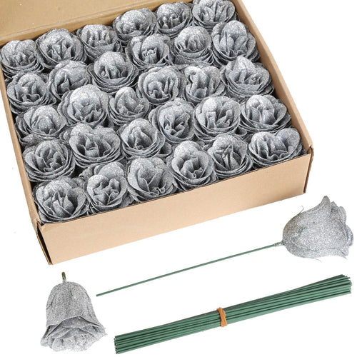Silver glitter roses bouquet 30pcs with stems for wedding party Christmas home decor