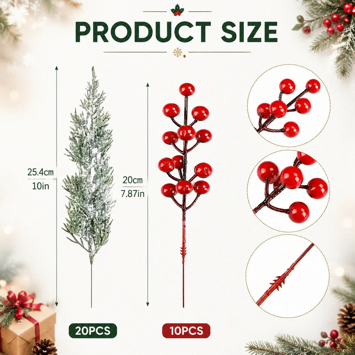Snowy Pine and Red Berry Picks – 40 Pcs