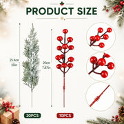 Snowy Pine and Red Berry Picks – 40 Pcs