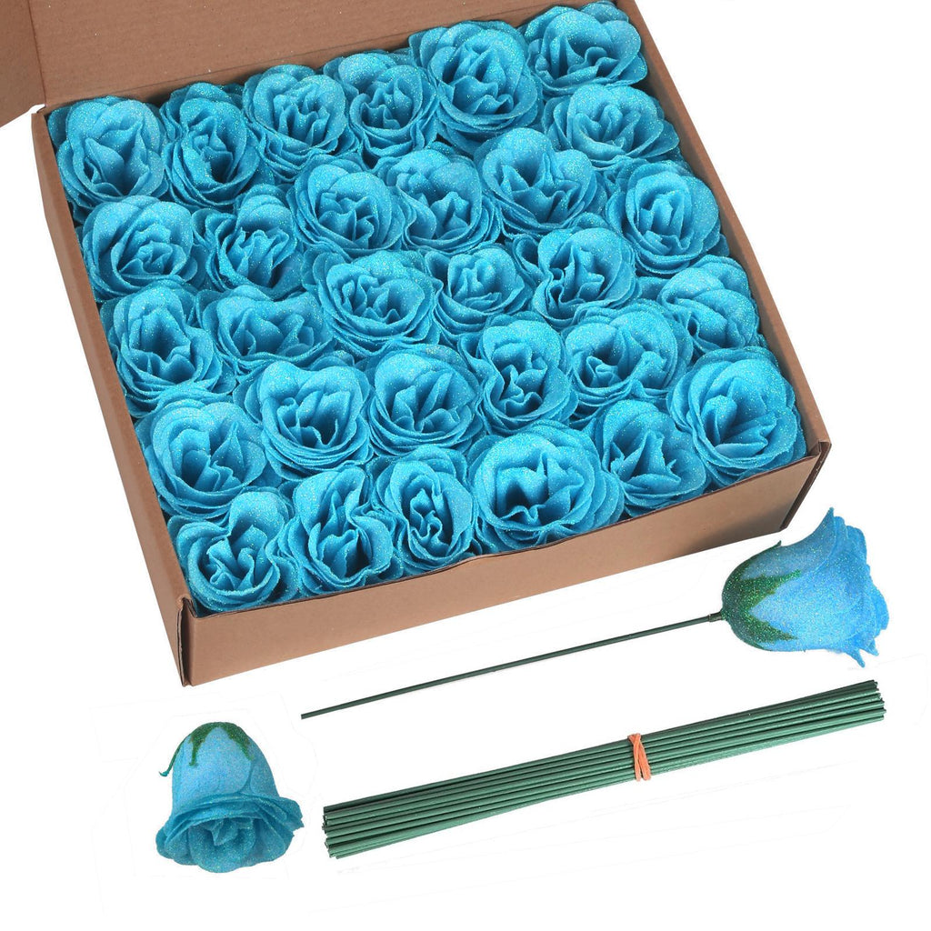 Sky blue glitter roses bouquet 30pcs with stems for wedding party Christmas home decor