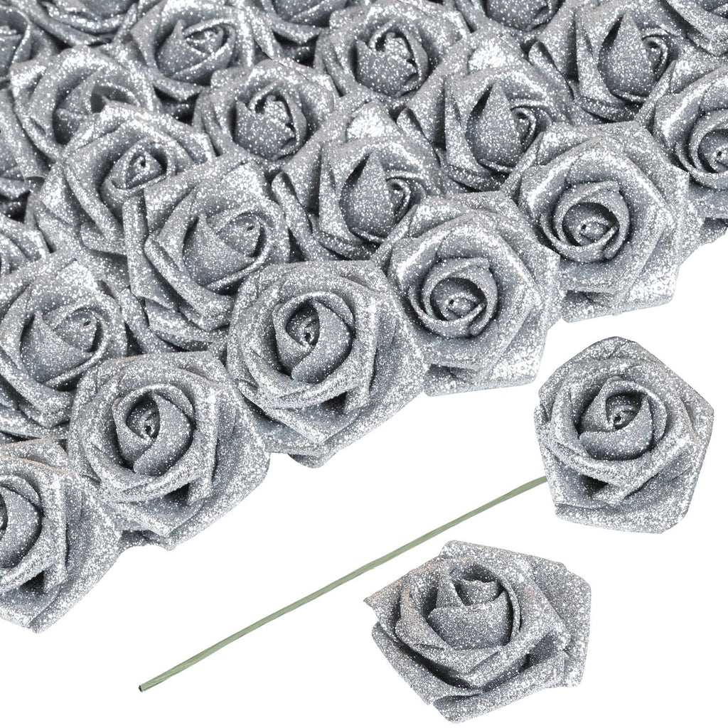 Silver glitter foam roses 30pcs 3.15in artificial flowers for wedding Christmas DIY decor