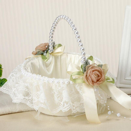 White Wedding Flower Girl Basket with Pearl Handle for satin petal basket by IPOPU