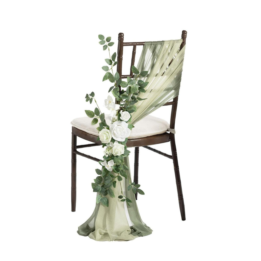 White artificial rose greenery swag wedding chair pew aisle ceremony decor
