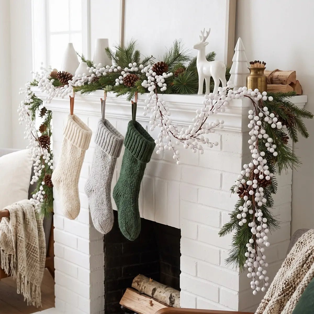 6.1FT White Berry Christmas Garland Draped on Fireplace Mantel with Stockings – Winter Holiday Decor
