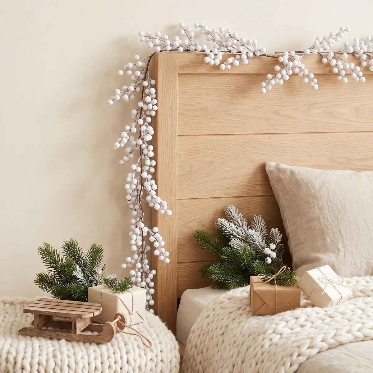 White Berry Christmas Garland Wrapped Around a Mirror Frame – Elegant Indoor Holiday Decoration
