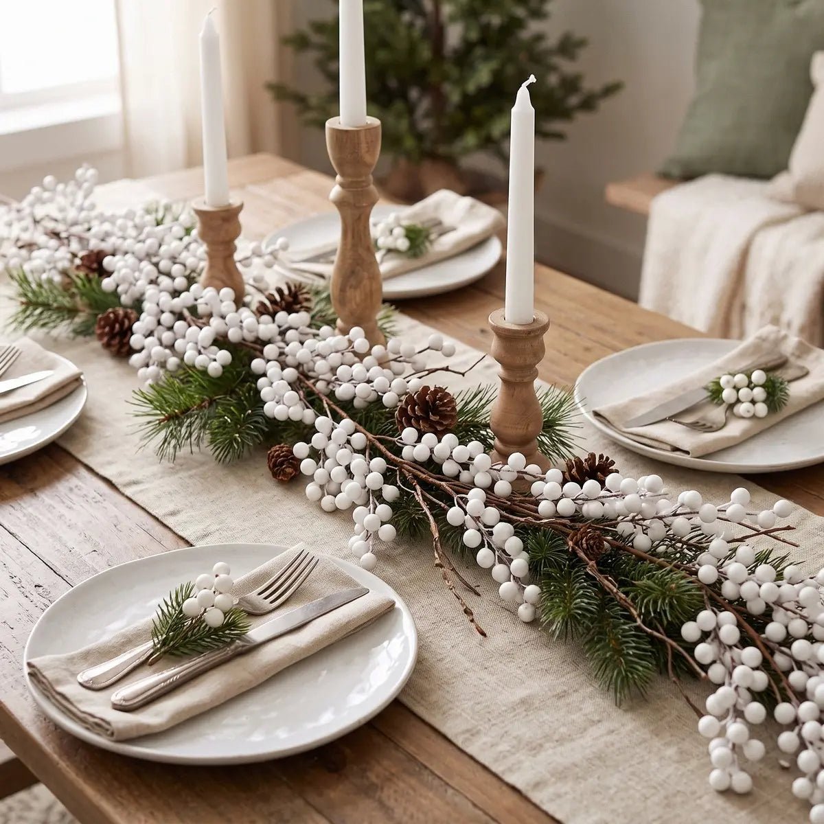 Artificial White Berry Christmas Garland Styled as Table Runner with Candles and Place Settings
