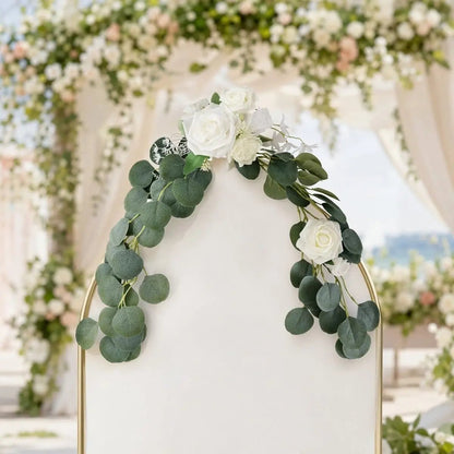 White rose silver dollar eucalyptus chair swag set of 2 styled symmetrically on gold round wedding arch top in outdoor ceremony venue – IPOPU