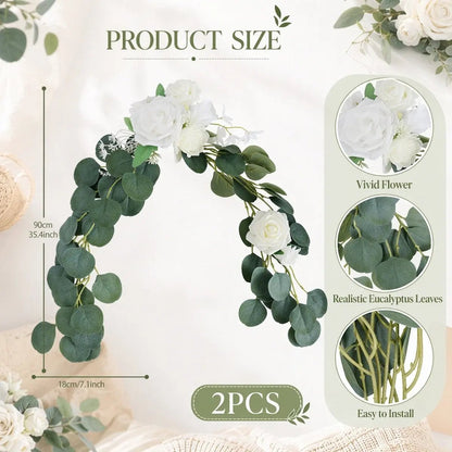 White rose silver dollar eucalyptus swag size chart: 90cm/35.4inch length, 18cm/7.1inch width, set of 2 pcs – IPOPU