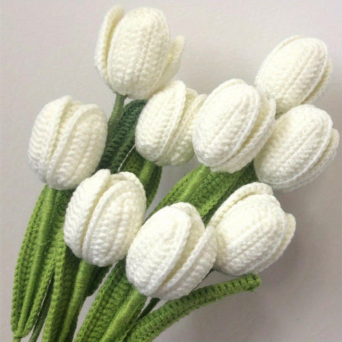 White handmade crochet tulip bouquet cotton flower gift for birthday and home decor
